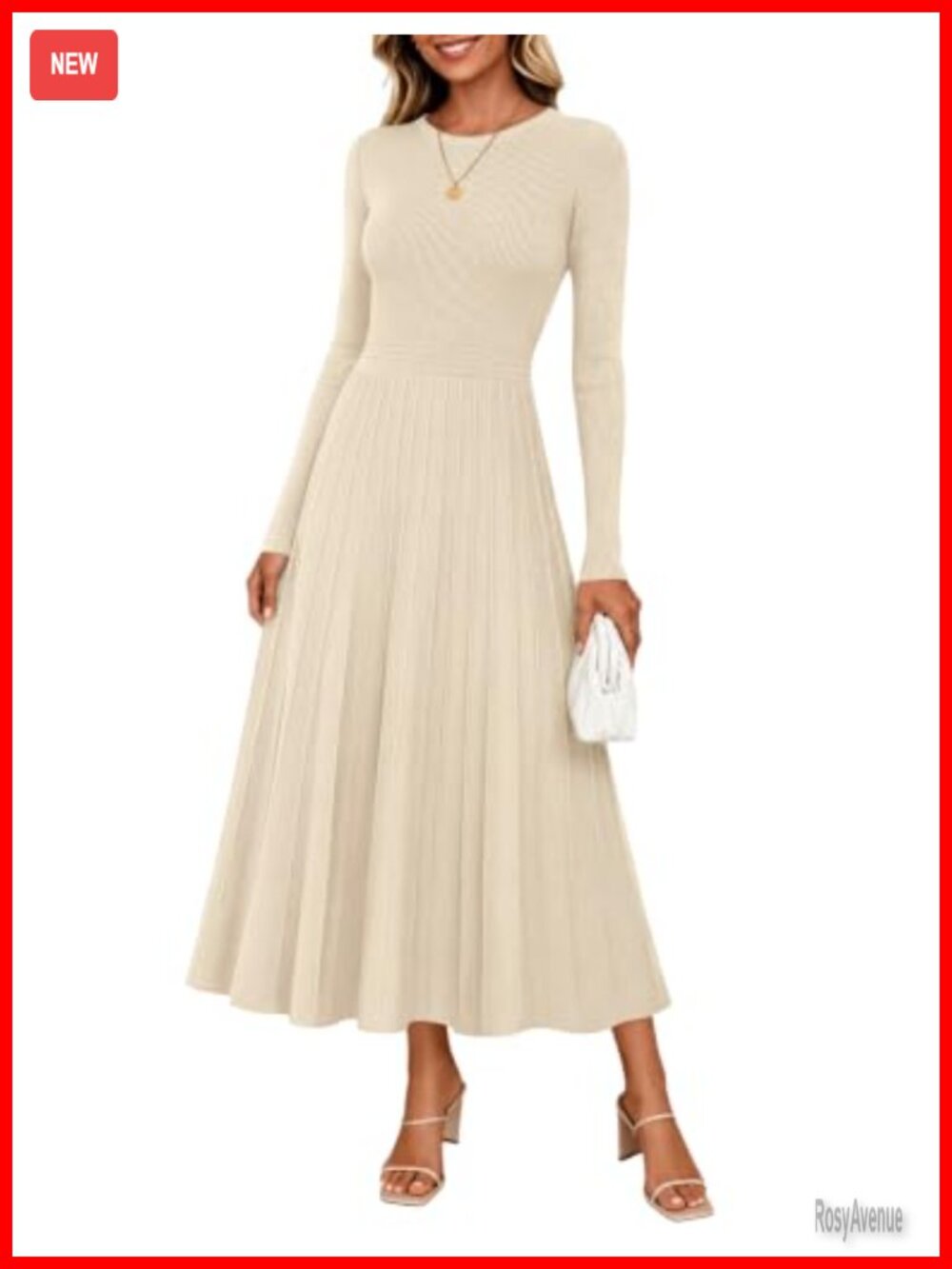 Ribbed Knit Pleated Midi Sweater Dress Crewneck Long Sleeve Empire Waist